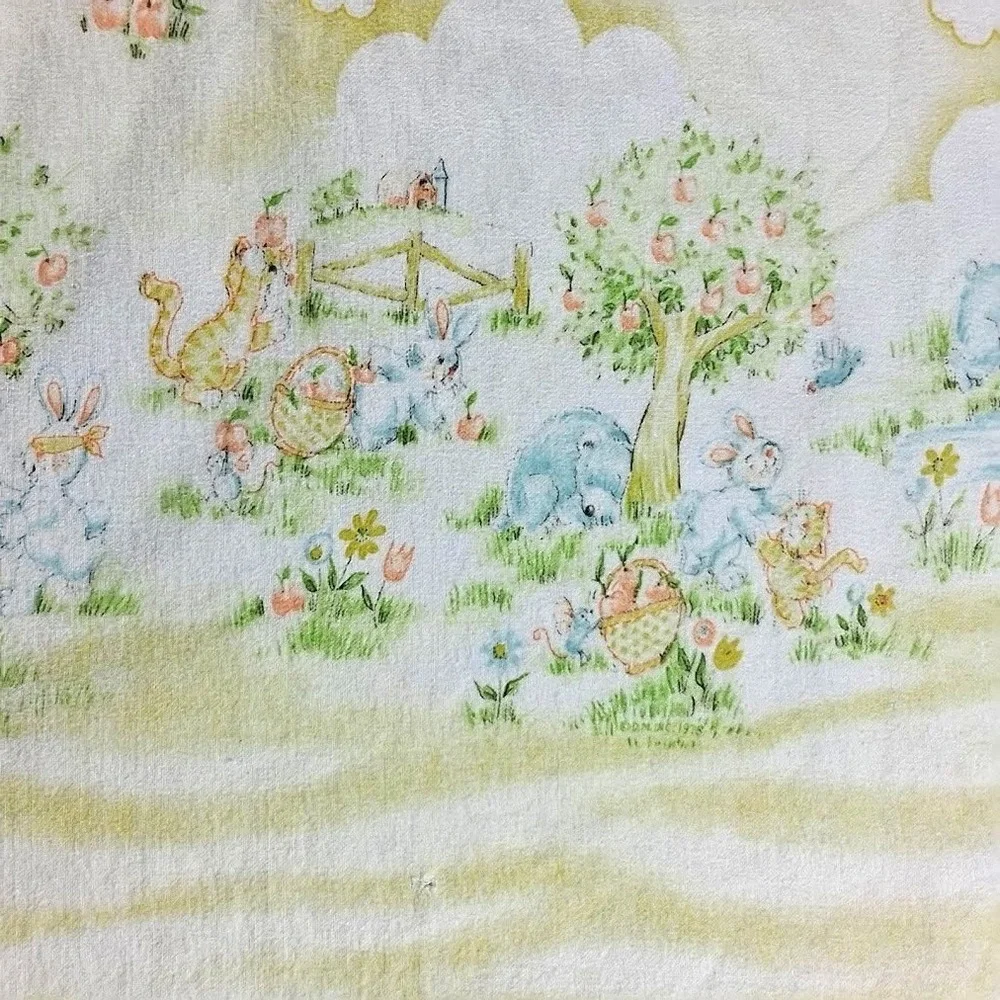 2 Vintage Dundee Yellow Blue Bear Tree Baby Receiving Blanket Country Sunshine